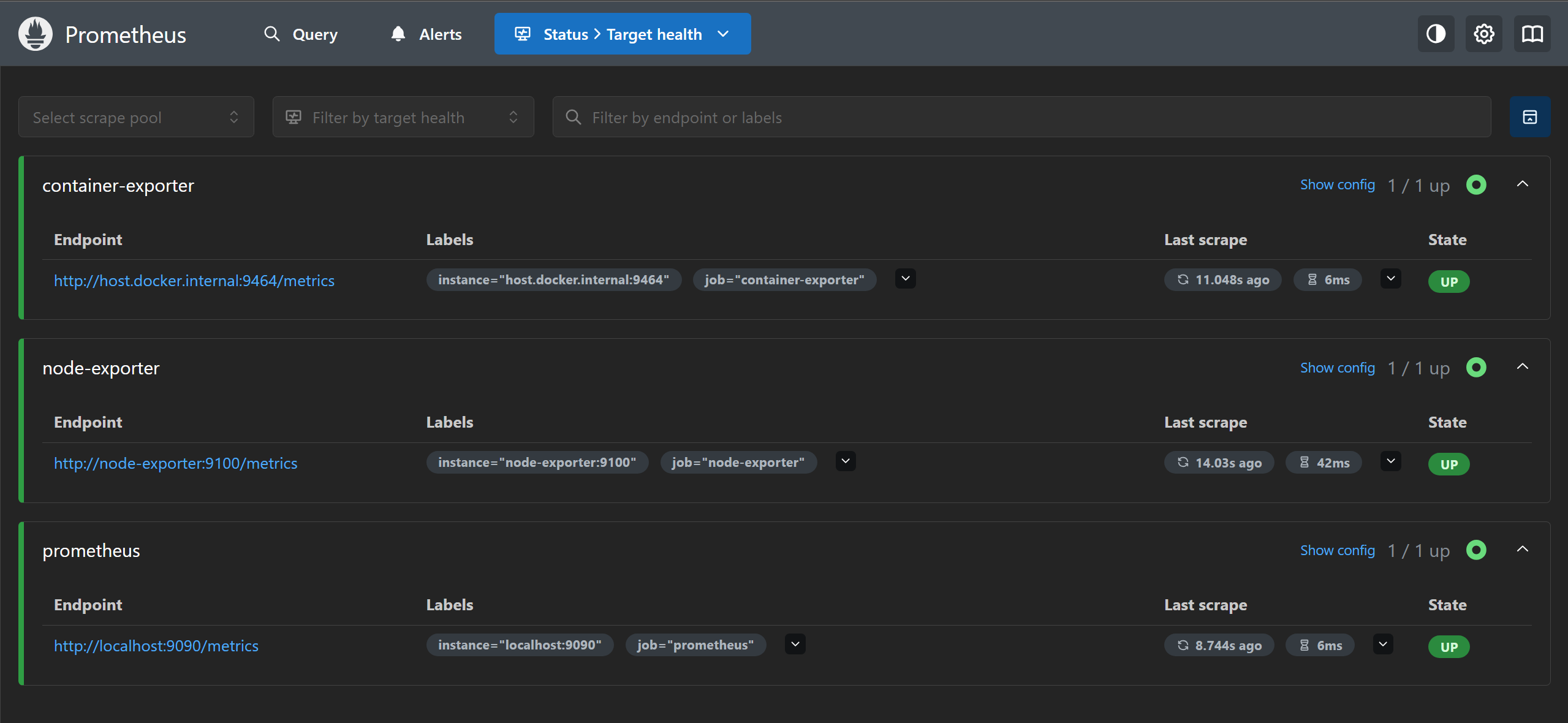 Captura auténtica de Prometheus Targets, con los targets container-exporter, node-exporter y prometheus en estado UP.