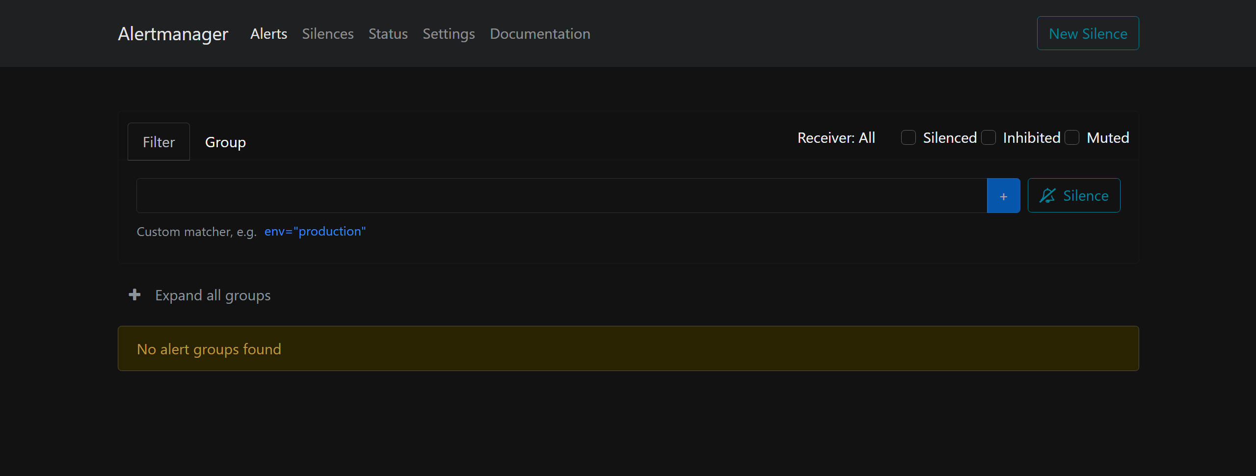 Captura auténtica de Alertmanager que indica que no hay grupos de alertas activos.