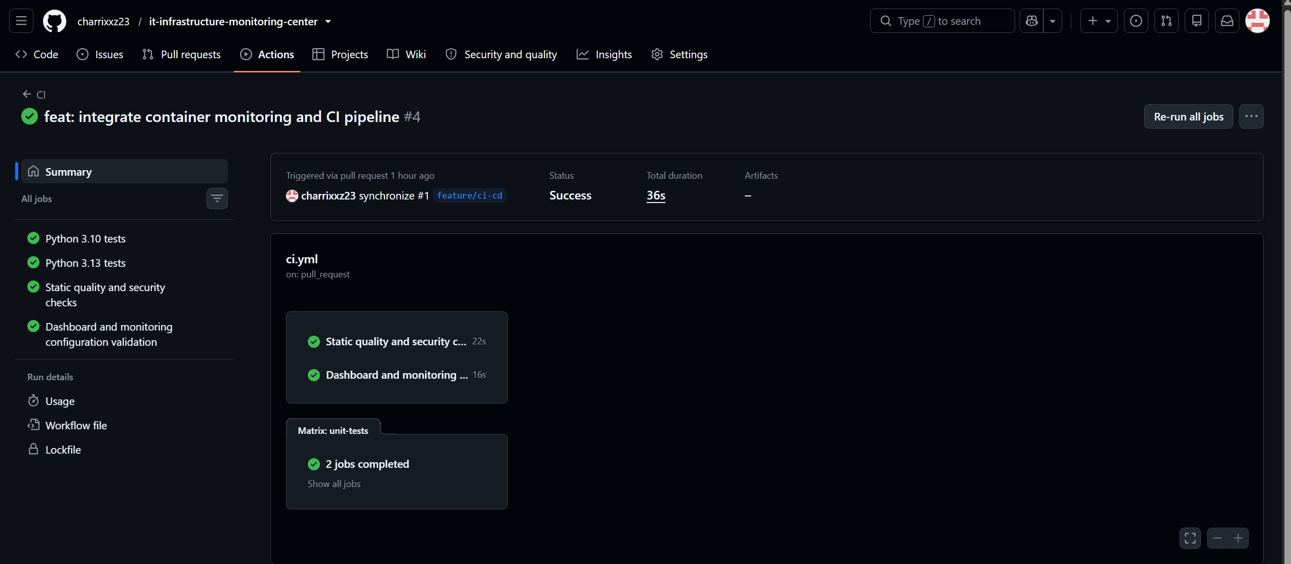 Captura auténtica de GitHub Actions con los cuatro jobs de CI en estado exitoso.